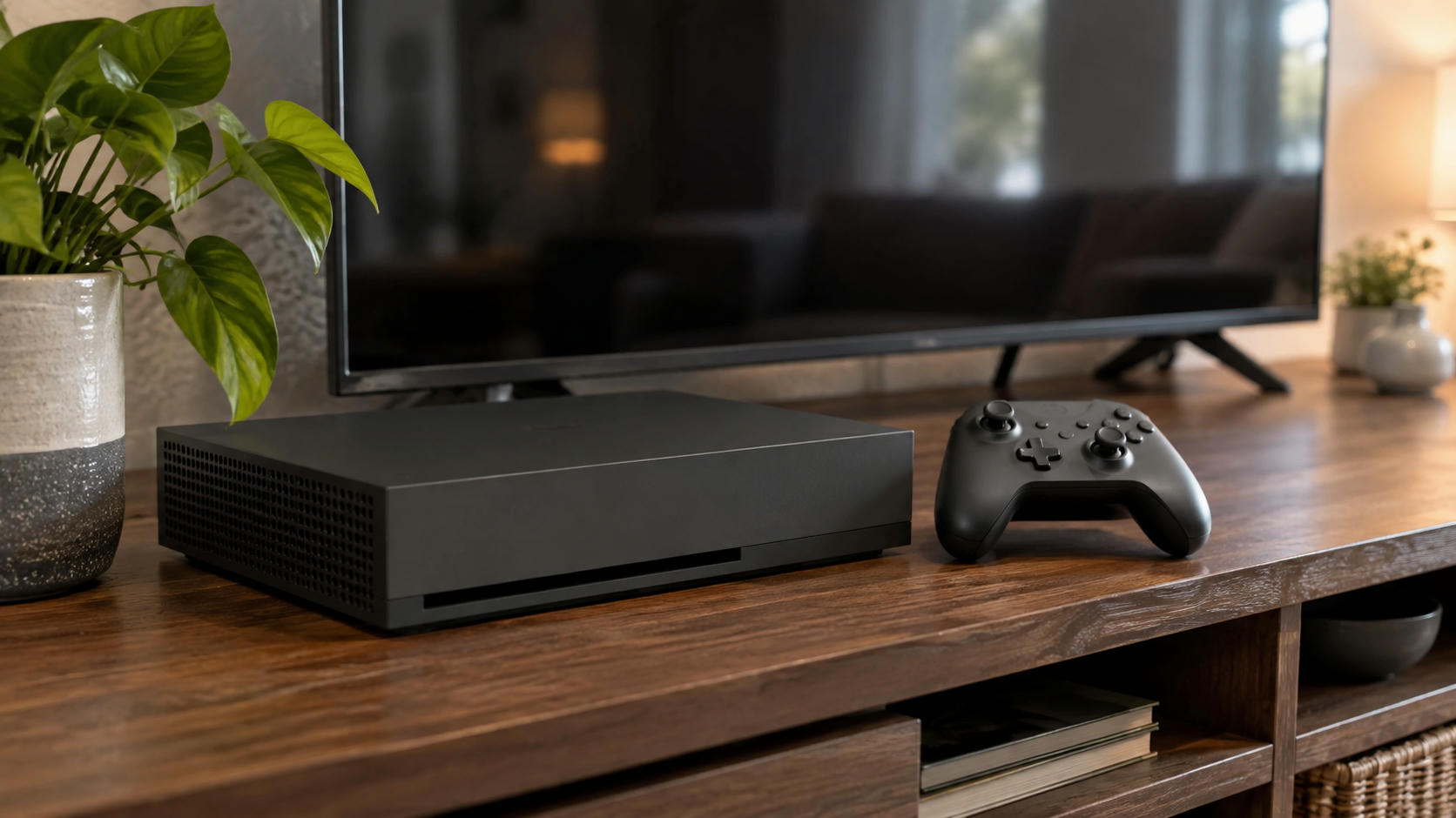 Synthetic editorial illustration. Generic matte rectangular home gaming console and an unmarked handheld game controller beside a fully powered-off television. Physical consumer gaming hardware, not a real named product. No actual named company, product, site, person or event is depicted.