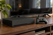 Synthetic editorial illustration. Generic matte rectangular home gaming console and an unmarked handheld game controller beside a fully powered-off television. Physical consumer gaming hardware, not a real named product. No actual named company, product, site, person or event is depicted.