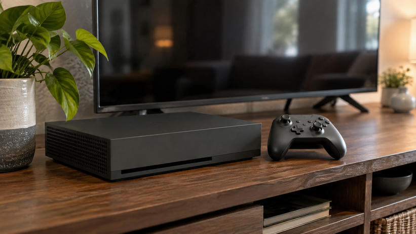 Synthetic editorial illustration. Generic matte rectangular home gaming console and an unmarked handheld game controller beside a fully powered-off television. Physical consumer gaming hardware, not a real named product. No actual named company, product, site, person or event is depicted.