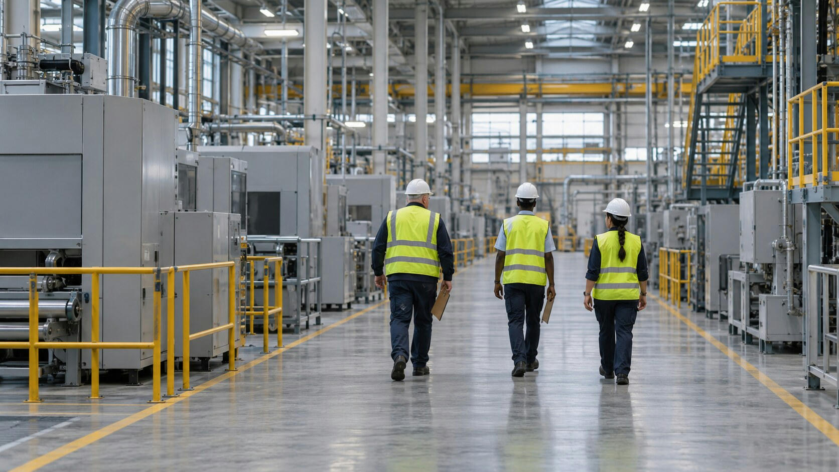 Synthetic editorial illustration. A factory production hall. Three inspectors seen from behind walk along a marked aisle carrying clipboards, wearing bright safety vests and hard hats among machinery and pipework.