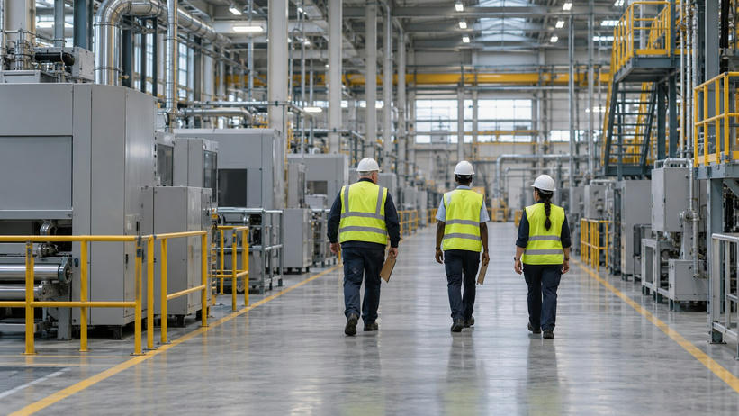Synthetic editorial illustration. A factory production hall. Three inspectors seen from behind walk along a marked aisle carrying clipboards, wearing bright safety vests and hard hats among machinery and pipework.