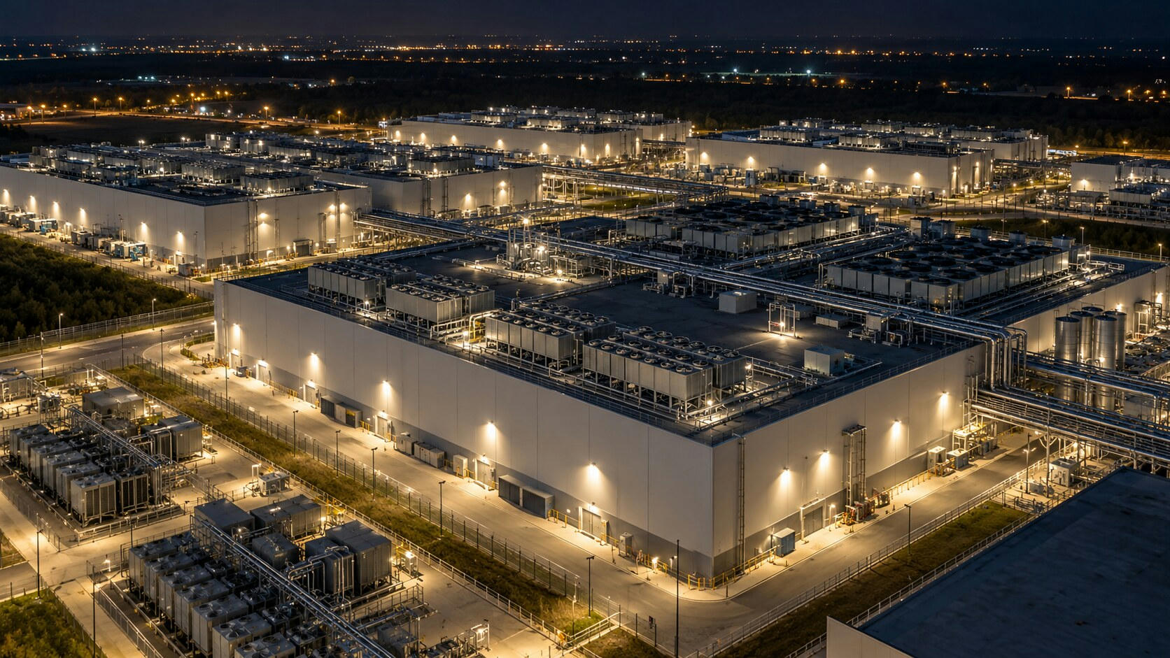 Synthetic editorial illustration. A data-centre campus. An elevated night view shows large windowless buildings, rooftop cooling units, interconnected pipework and brightly lit service roads inside a fenced industrial site.