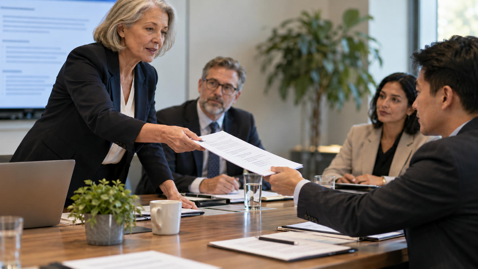 Synthetic editorial illustration. An older chairperson hands a paper packet across a meeting table while two other colleagues observe.