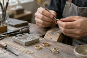 Synthetic editorial illustration. Anonymous jeweller hands working on generic gold-toned rings and a simple chain at a practical craft bench; no recognisable brand design.