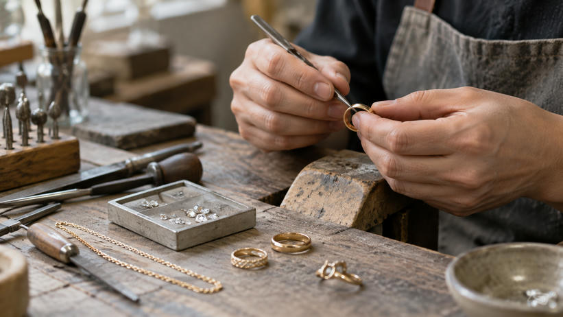 Synthetic editorial illustration. Anonymous jeweller hands working on generic gold-toned rings and a simple chain at a practical craft bench; no recognisable brand design.