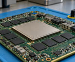 Synthetic editorial illustration. A large square metal-capped processor sits among smaller black chip packages and other components on a green circuit board. The board rests on a blue anti-static mat beside a grounding lead.