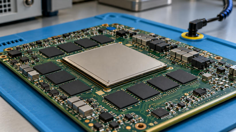 Synthetic editorial illustration. A large square metal-capped processor sits among smaller black chip packages and other components on a green circuit board. The board rests on a blue anti-static mat beside a grounding lead.