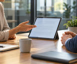 Synthetic editorial illustration. Two cropped adults discuss a populated document on a powered tablet at a modest meeting table.