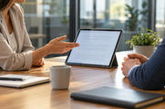 Synthetic editorial illustration. Two cropped adults discuss a populated document on a powered tablet at a modest meeting table.