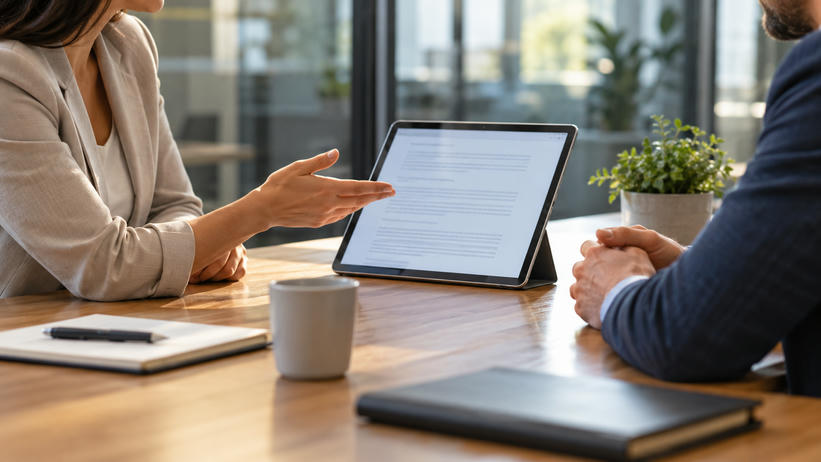 Synthetic editorial illustration. Two cropped adults discuss a populated document on a powered tablet at a modest meeting table.