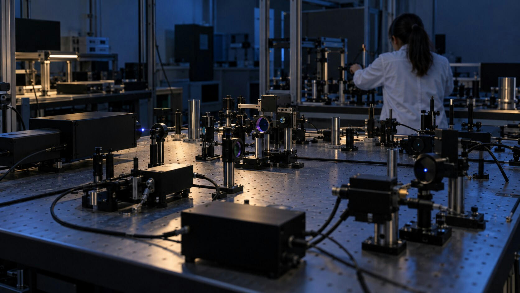 Synthetic editorial illustration. Mounted lenses, mirrors, dark laser housings and cables cover a perforated optical table in subdued blue light. A researcher seen from behind adjusts equipment at the far side.