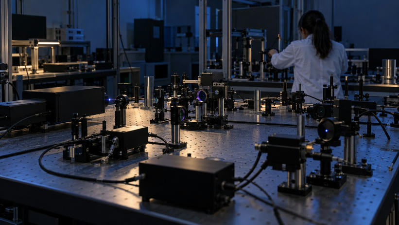 Synthetic editorial illustration. Mounted lenses, mirrors, dark laser housings and cables cover a perforated optical table in subdued blue light. A researcher seen from behind adjusts equipment at the far side.