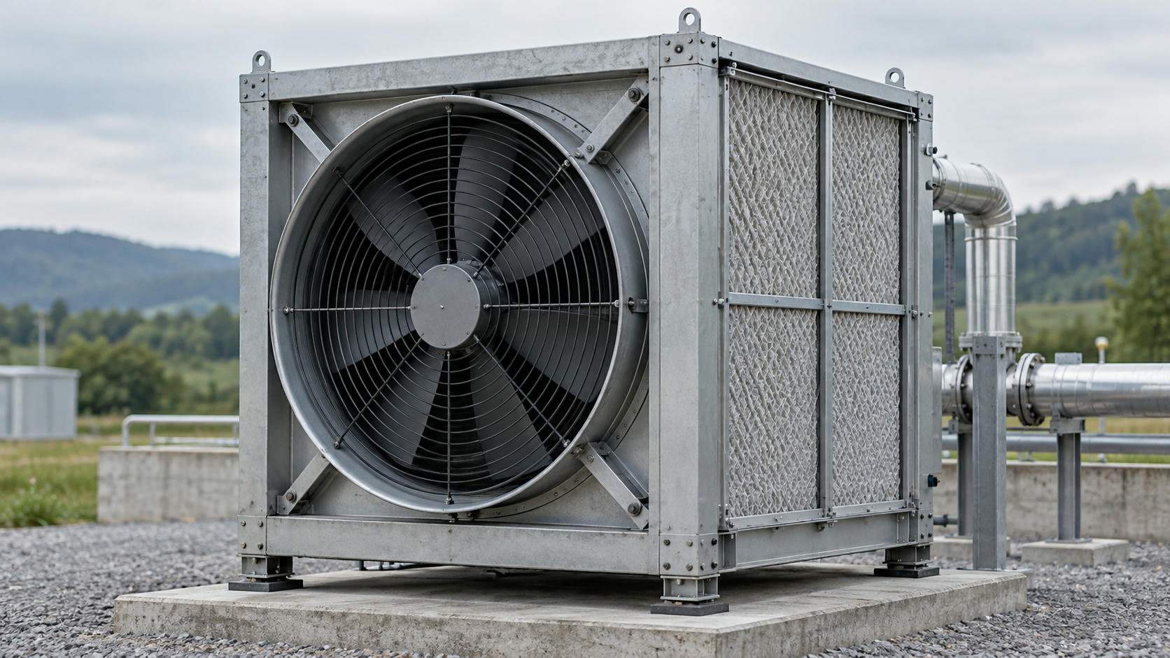Synthetic editorial illustration. One large square industrial fan-and-filter module with modest pipework at an anonymous facility.