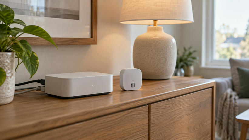Synthetic editorial illustration. Generic unbranded smart-home gateway and wireless environmental sensor on a domestic sideboard; no real named product.