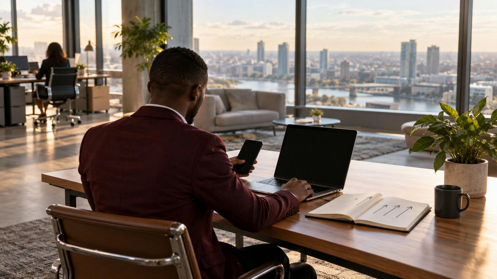 Synthetic editorial illustration. A modern office. A rear-facing person in a burgundy jacket uses a dark laptop and phone at a wooden desk, beside an open notebook with arrows, a mug and a plant; tall windows overlook the city.