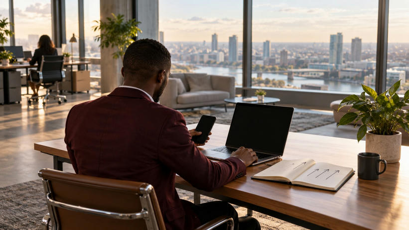Synthetic editorial illustration. A modern office. A rear-facing person in a burgundy jacket uses a dark laptop and phone at a wooden desk, beside an open notebook with arrows, a mug and a plant; tall windows overlook the city.