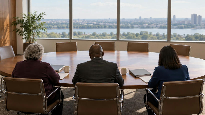 Synthetic editorial illustration. A conference room. Three committee members seen from behind sit along an oval table with plain binders, papers and coffee cups, facing empty chairs and a daylight window view.