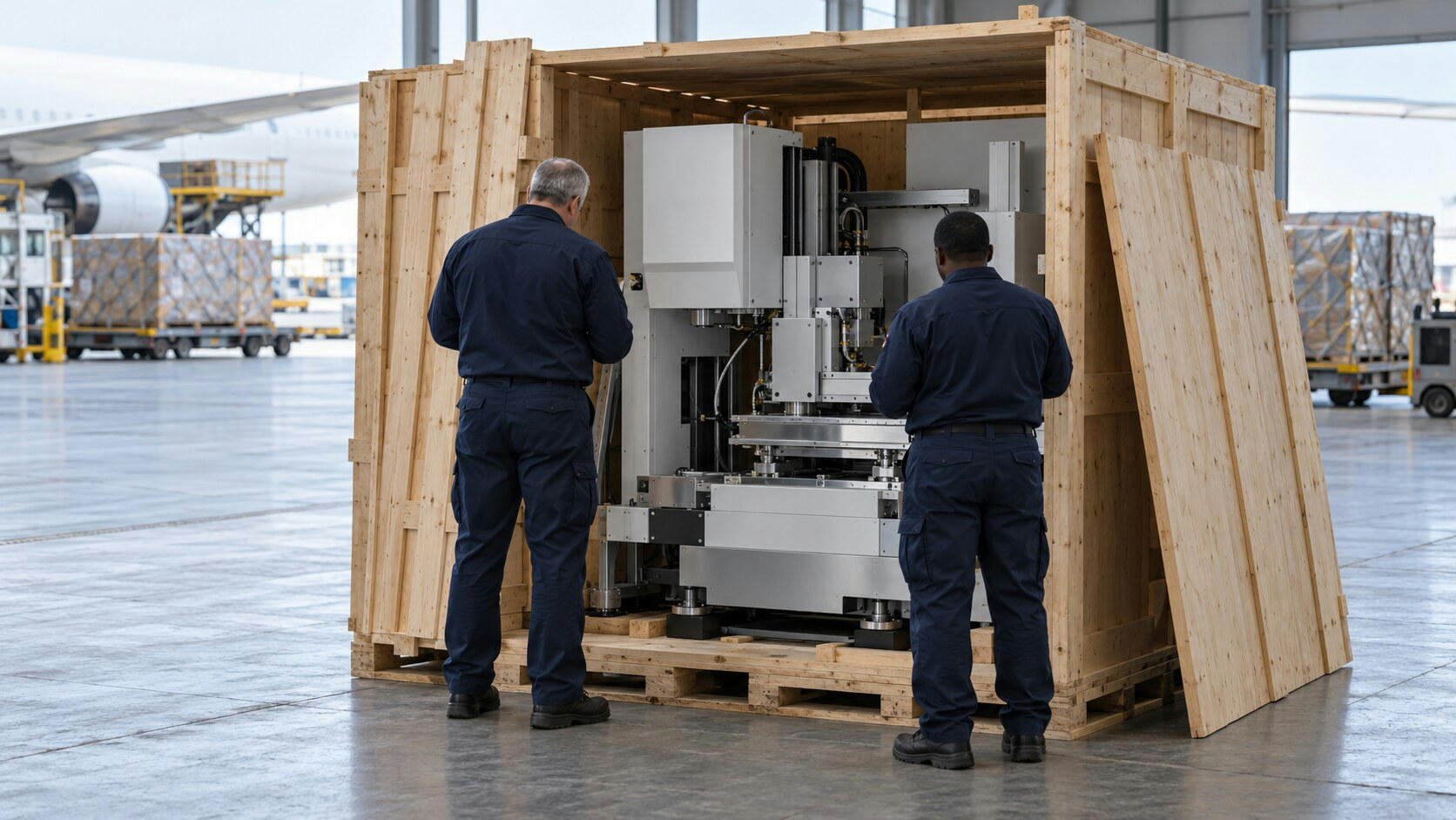 Synthetic editorial illustration. An airport cargo hall. Two officers seen from behind inspect a precision machine inside a partly opened wooden crate, with cargo pallets and an aircraft beyond the loading area.
