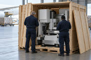 Synthetic editorial illustration. An airport cargo hall. Two officers seen from behind inspect a precision machine inside a partly opened wooden crate, with cargo pallets and an aircraft beyond the loading area.
