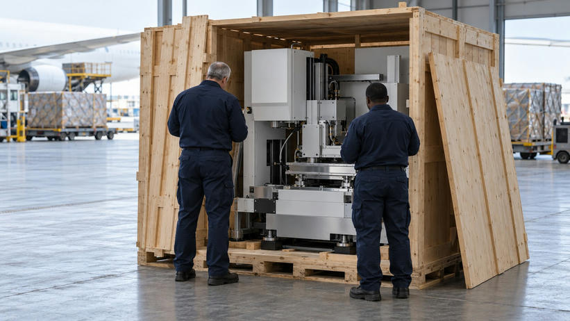 Synthetic editorial illustration. An airport cargo hall. Two officers seen from behind inspect a precision machine inside a partly opened wooden crate, with cargo pallets and an aircraft beyond the loading area.