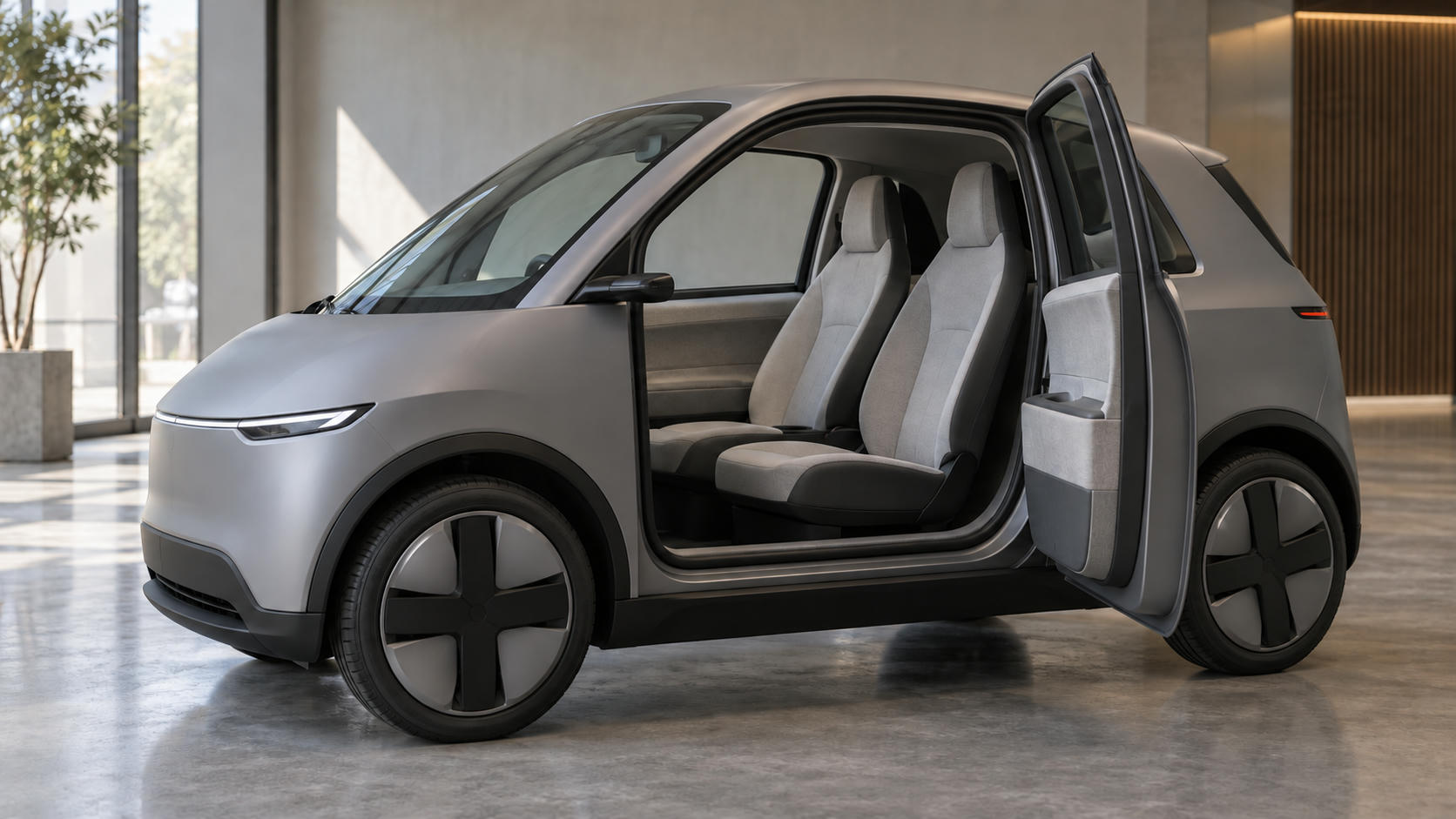 Synthetic editorial illustration. One compact anonymous vehicle with an open door framing two passenger seats; no steering wheel or pedals are visible.