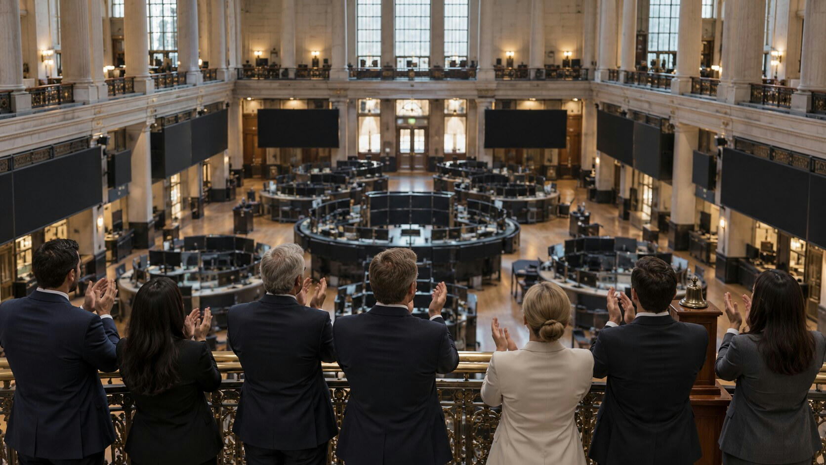 Synthetic editorial illustration. An exchange-hall balcony. A rear-facing group applauds beside a small brass bell above a trading floor of curved desks and dark display panels, framed by tall columns and windows.
