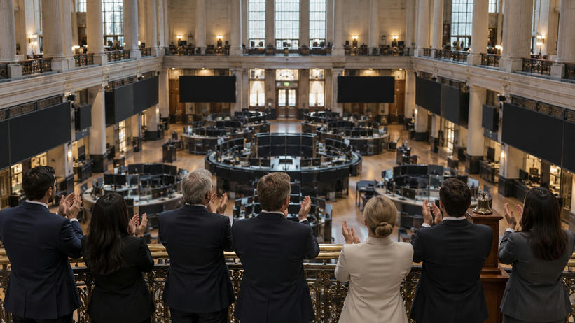Synthetic editorial illustration. An exchange-hall balcony. A rear-facing group applauds beside a small brass bell above a trading floor of curved desks and dark display panels, framed by tall columns and windows.
