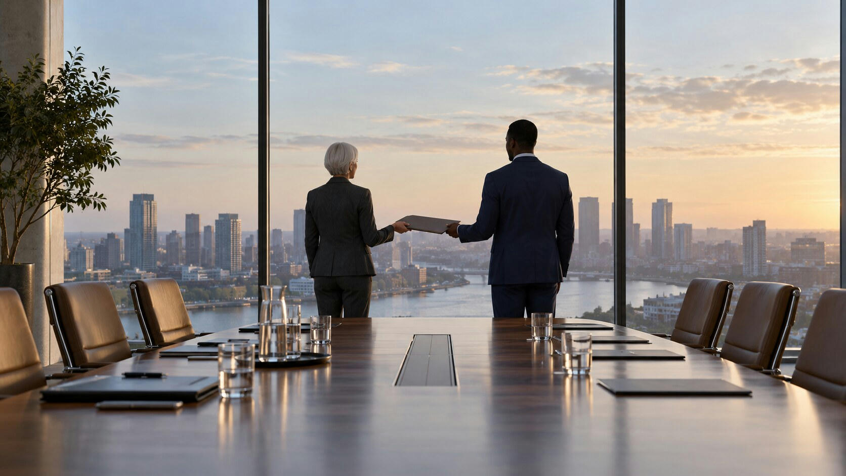 Synthetic editorial illustration. A boardroom overlooks a city through floor-to-ceiling windows. Two rear-facing suited people pass a closed folder between them beside a long table set with plain folders and water glasses.