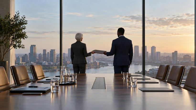 Synthetic editorial illustration. A boardroom overlooks a city through floor-to-ceiling windows. Two rear-facing suited people pass a closed folder between them beside a long table set with plain folders and water glasses.