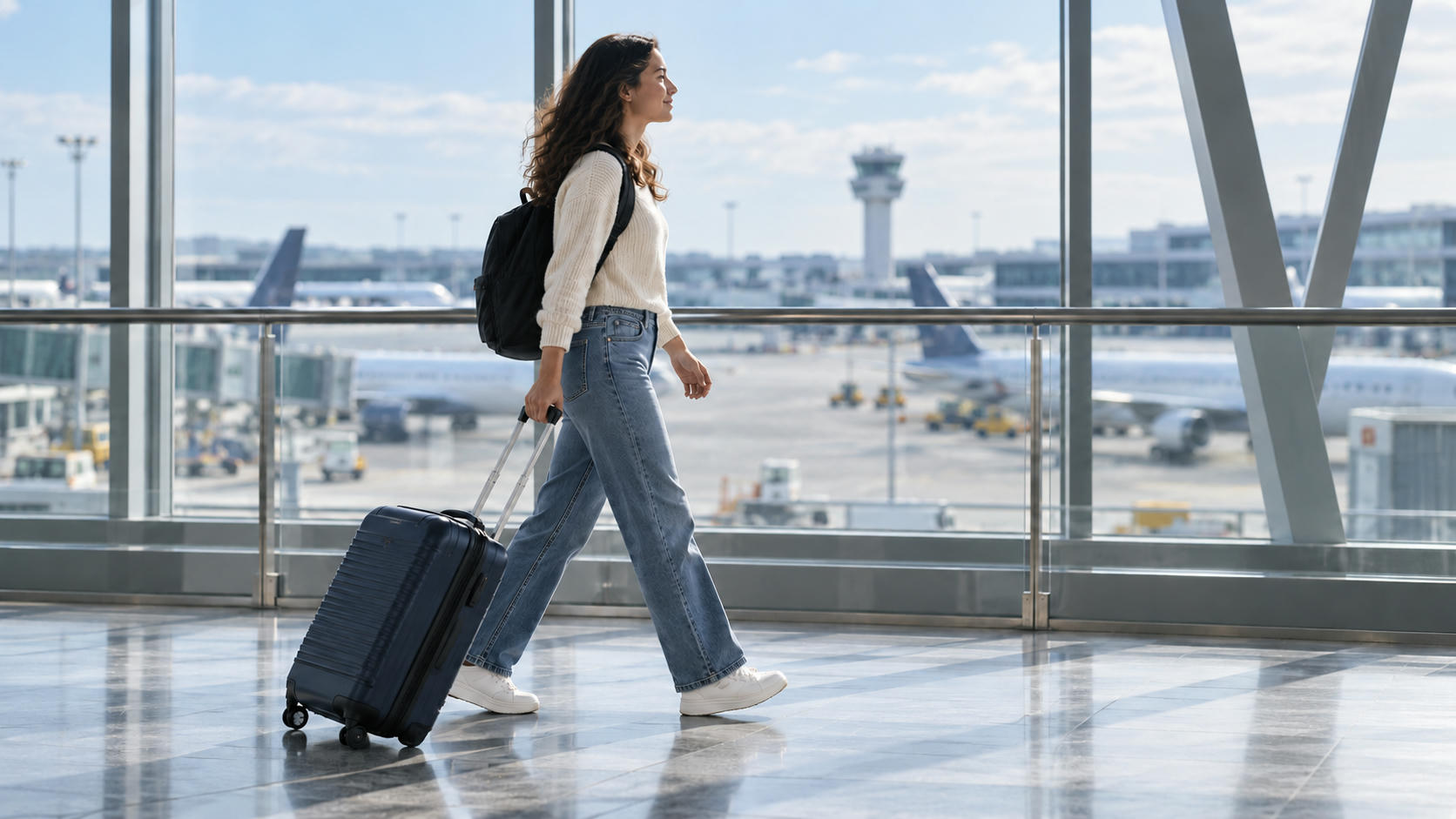 Synthetic editorial illustration. A traveller wearing a backpack pulls one wheeled carry-on through a glass-sided airport corridor.