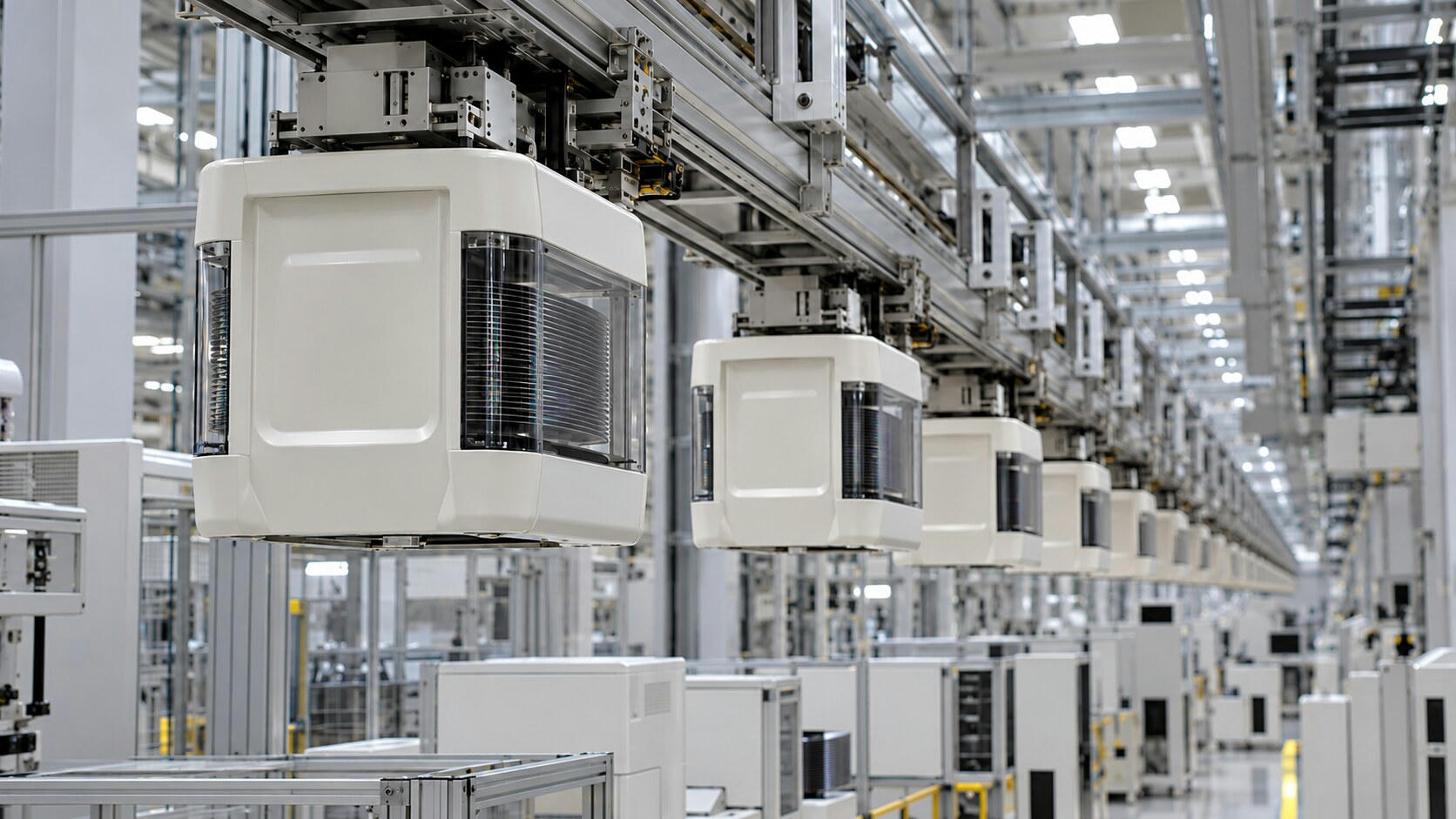 Synthetic editorial illustration. Sealed pale carrier pods with transparent side windows hang in a receding line beneath metal transport rails. Stacked wafer edges are visible inside, above a bright factory with dark equipment displays.