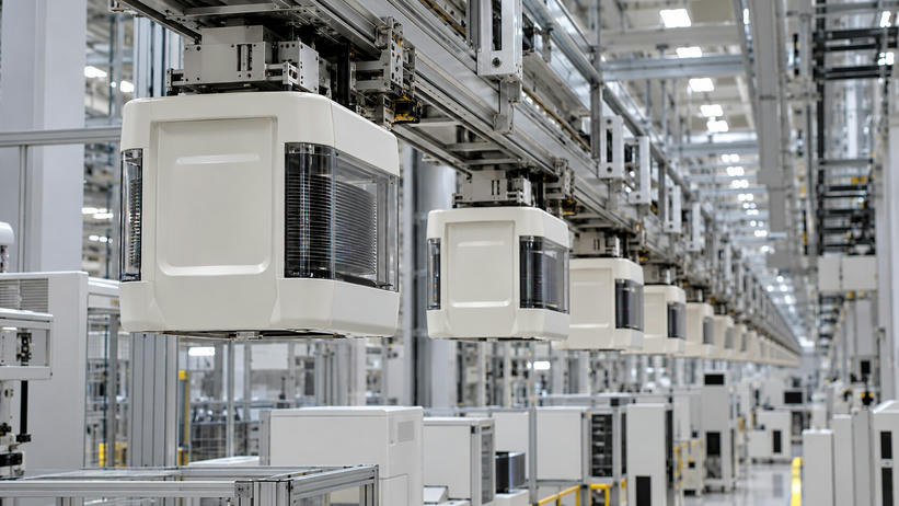 Synthetic editorial illustration. Sealed pale carrier pods with transparent side windows hang in a receding line beneath metal transport rails. Stacked wafer edges are visible inside, above a bright factory with dark equipment displays.