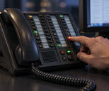 Synthetic editorial illustration. A single unbranded multi-line dealing telephone dominates the frame while one adult finger presses an illuminated line key; its connected handset and cord are visible, with one softly defocused partial monitor behind.