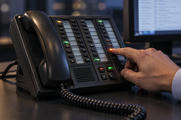 Synthetic editorial illustration. A single unbranded multi-line dealing telephone dominates the frame while one adult finger presses an illuminated line key; its connected handset and cord are visible, with one softly defocused partial monitor behind.