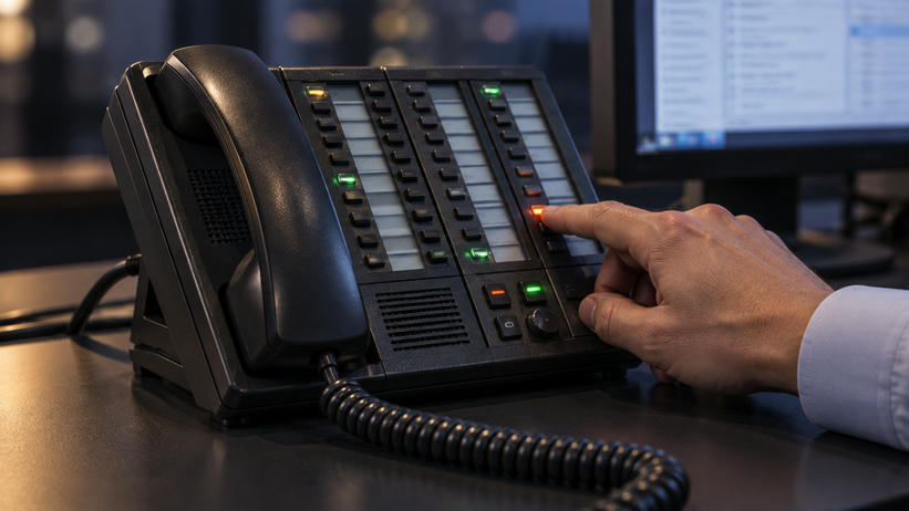 Synthetic editorial illustration. A single unbranded multi-line dealing telephone dominates the frame while one adult finger presses an illuminated line key; its connected handset and cord are visible, with one softly defocused partial monitor behind.
