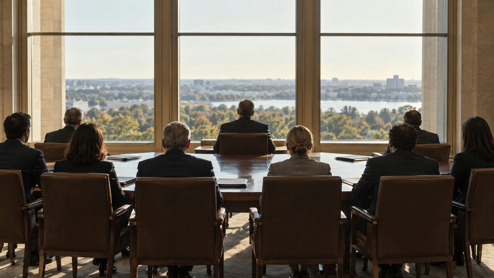Synthetic editorial illustration. A group of formally dressed people viewed from behind sit around a broad table facing tall bright windows. Plain closed folders rest on the table, with trees and an indistinct city visible outside.