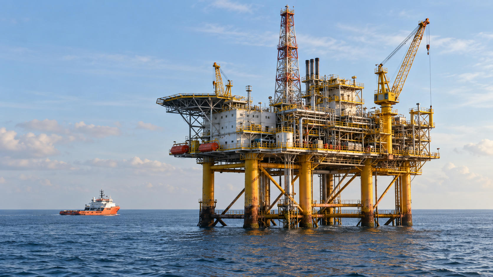 Synthetic editorial illustration. An offshore platform is framed over open water with a service vessel standing off to one side.