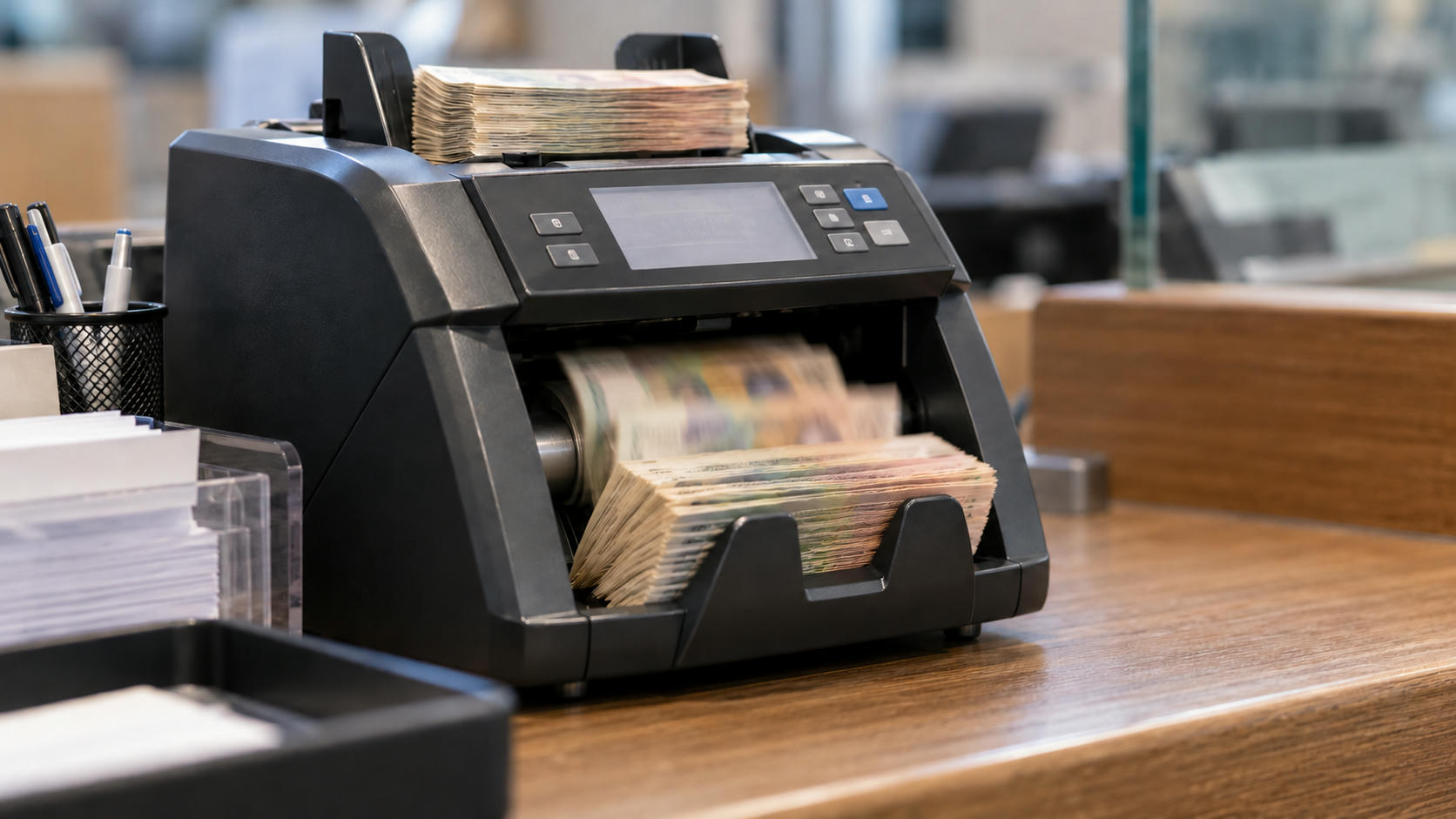 Synthetic editorial illustration. A compact banknote counter feeds an input stack into an output pocket at a currency-service counter.