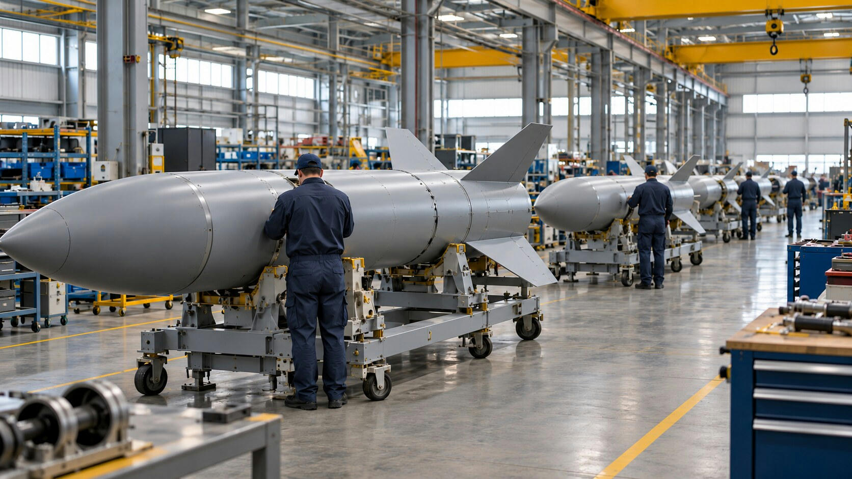 Synthetic editorial illustration. Rows of plain grey finned missile bodies rest on wheeled assembly cradles in a bright industrial hall. Technicians viewed from behind work alongside them beneath yellow overhead cranes.