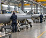 Synthetic editorial illustration. Rows of plain grey finned missile bodies rest on wheeled assembly cradles in a bright industrial hall. Technicians viewed from behind work alongside them beneath yellow overhead cranes.