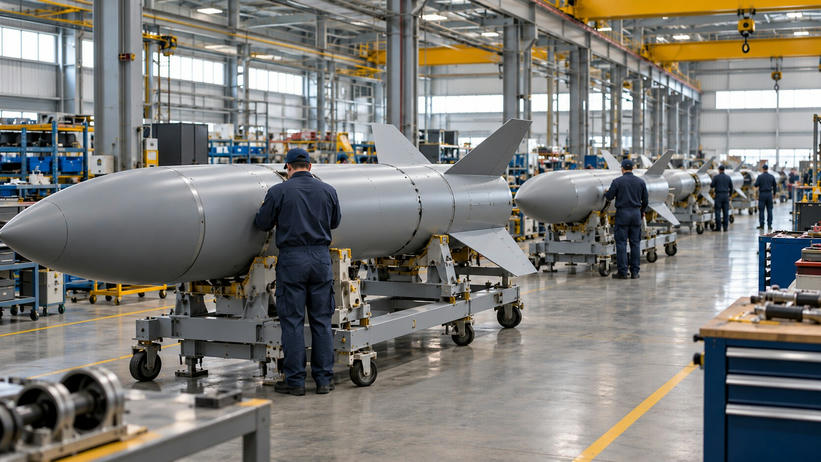Synthetic editorial illustration. Rows of plain grey finned missile bodies rest on wheeled assembly cradles in a bright industrial hall. Technicians viewed from behind work alongside them beneath yellow overhead cranes.
