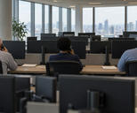 Synthetic editorial illustration. A trading office. Three workers seen from behind hold telephone handsets at a long desk surrounded by rows of monitors facing away, with a soft city view beyond the windows.