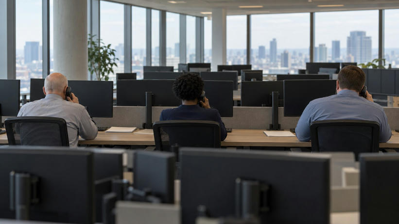 Synthetic editorial illustration. A trading office. Three workers seen from behind hold telephone handsets at a long desk surrounded by rows of monitors facing away, with a soft city view beyond the windows.