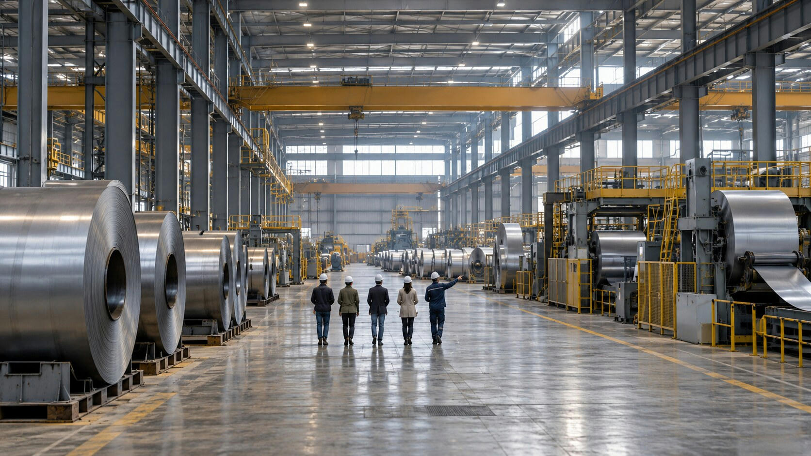 Synthetic editorial illustration. A factory floor contains large metal coils, processing machinery and overhead cranes. Five small rear-facing people in hard hats walk down the broad aisle as one points toward equipment.