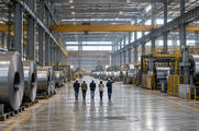 Synthetic editorial illustration. A factory floor contains large metal coils, processing machinery and overhead cranes. Five small rear-facing people in hard hats walk down the broad aisle as one points toward equipment.