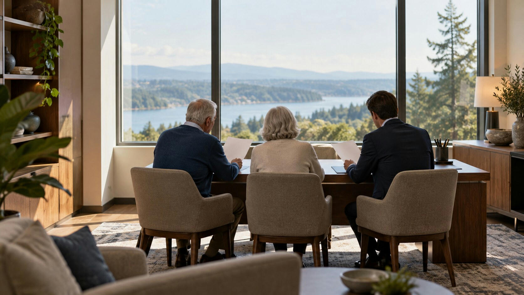 Synthetic editorial illustration. An advisory office overlooks water and wooded hills through a large window. A rear-facing older couple and suited adviser sit side by side at a desk holding blank white sheets.