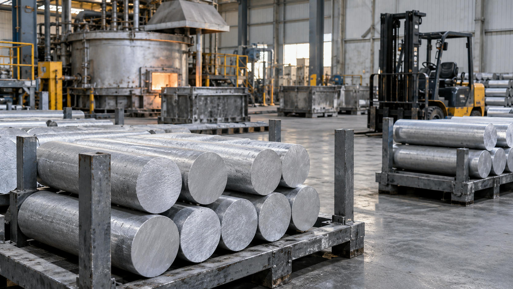 Synthetic editorial illustration. Generic aluminium casting workshop with pale silver metal billets and handling fixtures; no named producer, actual contract, exact alloy grade or purity claim.