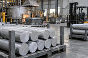 Synthetic editorial illustration. Generic aluminium casting workshop with pale silver metal billets and handling fixtures; no named producer, actual contract, exact alloy grade or purity claim.