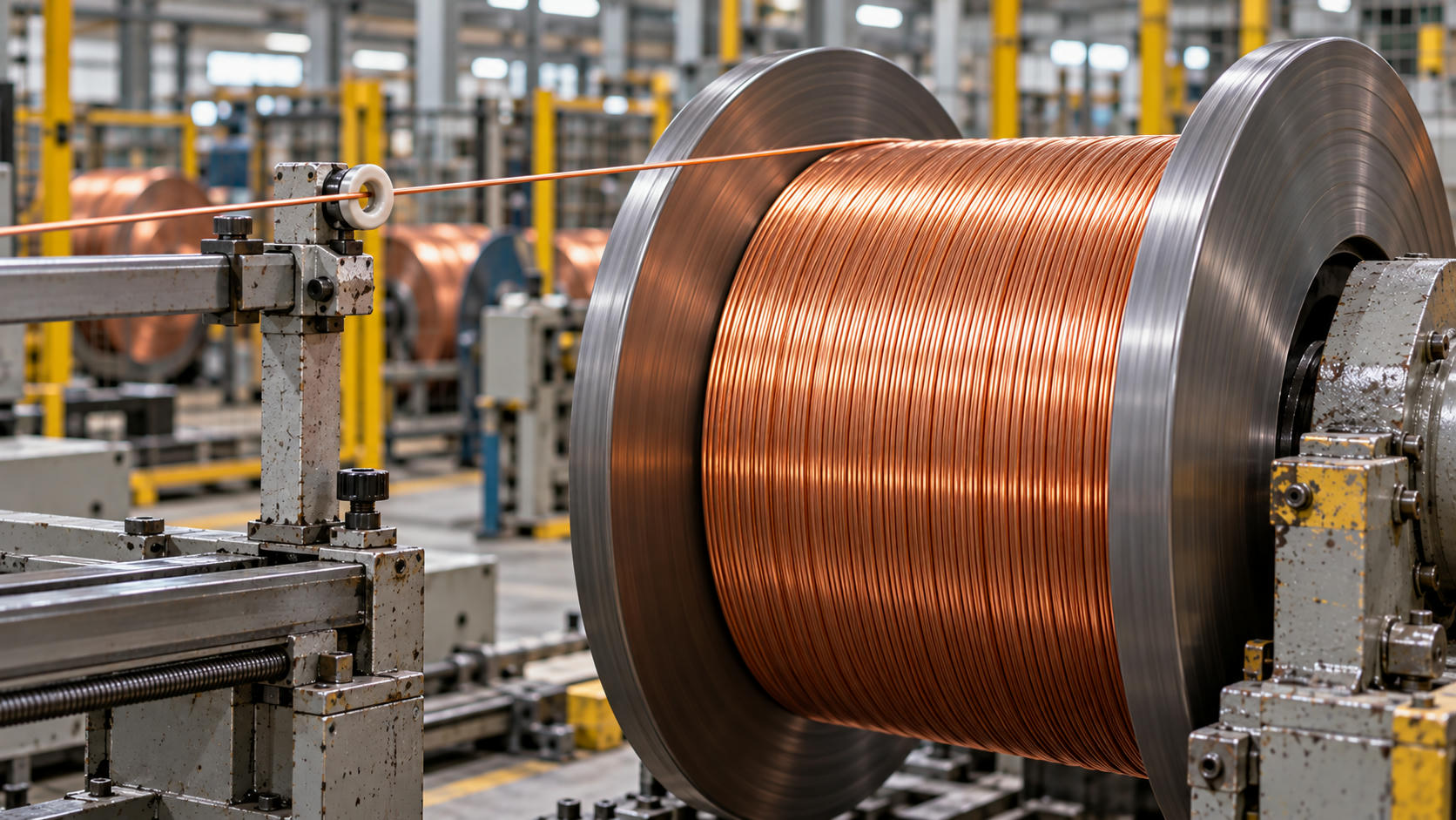 Synthetic editorial illustration. One taut copper-coloured strand passes through a mounted ceramic guide eyelet toward the top outer circumference of a wound reel, with a clearer near-tangential lead.