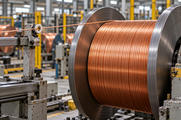 Synthetic editorial illustration. One taut copper-coloured strand passes through a mounted ceramic guide eyelet toward the top outer circumference of a wound reel, with a clearer near-tangential lead.